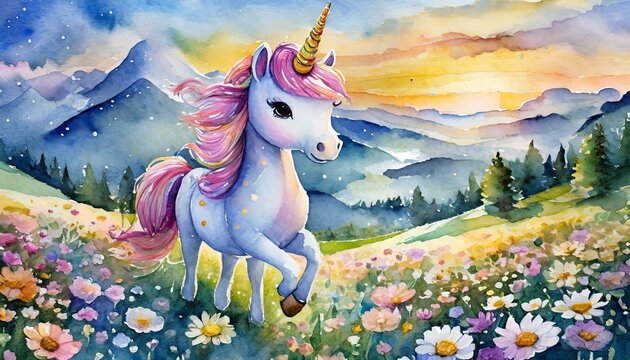 Dessin de licorne et d&eacute;cor arc-en-ciel, univers color&eacute; aux couleurs de princesses. 