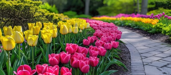 Naklejka premium The garden is filled with a variety of colorful flowers, including vibrant rows of yellow and pink tulips. The flowers create a beautiful and lively display of colors, making the garden a vibrant and