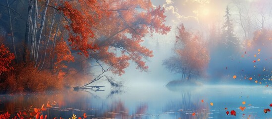 A painting depicting a lake embraced by dense trees during autumn. Mysterious morning fog adds a captivating touch to the serene landscape.