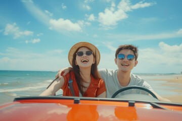 Couple enjoys beach view on car road trip.