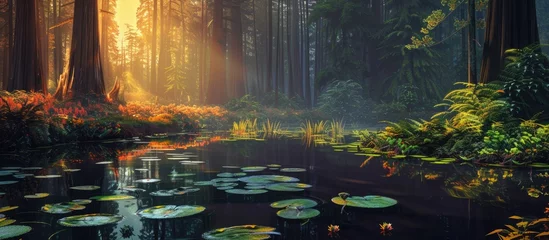 Foto auf Acrylglas A painting depicting a lush forest on the West Coast, with vibrant greenery and lily pads floating in the water, creating a serene and enchanting scene. © 2rogan