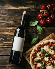 Pizza and wine bottle on wood