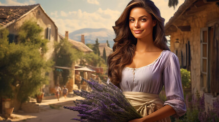 Beautiful young woman holding a bouquet of fragrant lavender in a quaint village. - obrazy, fototapety, plakaty