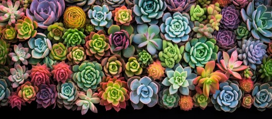 A diverse collection of succulents displayed vertically on a wall, showcasing a variety of shapes, textures, and shades of green. The succulents are neatly arranged in a pattern,