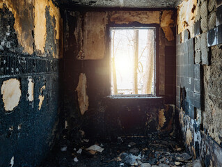 Burned room interior in apartment house. Consequences of fire concept
