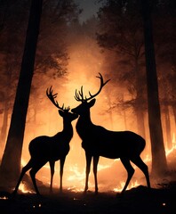 In the eerie light of a forest fire, two silhouetted stags emerge, a potent symbol of nature's fragility and strength. AI generation