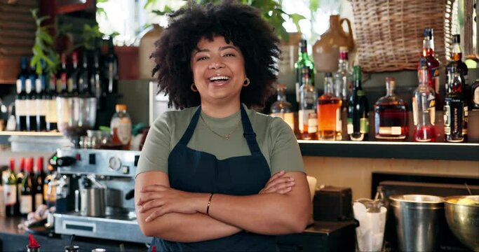 Welcome, coffee shop and portrait of woman with confidence at counter, waitress or barista at restaurant startup. Bistro, bar service and drinks, happy small business owner, manager or boss at cafe.