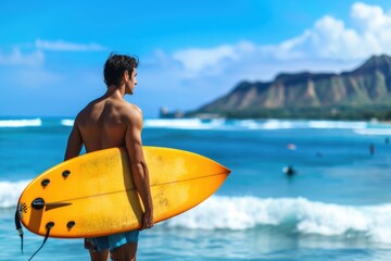 Young man embraces Hawaii surfing lifestyle in Honolulu  Oahu.
