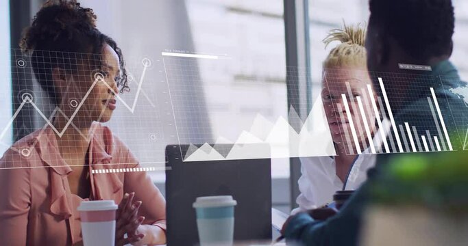 Animation of financial data processing over diverse business people in office - Powered by Adobe