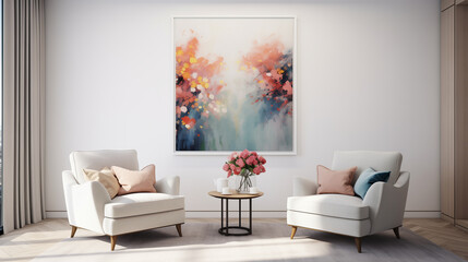 Contemporary Living Room with Colorful Floral Painting and Modern White Armchairs
