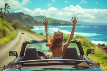Happy couple road tripping Hawaii in convertible enjoying summer vacation.