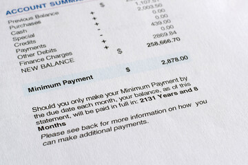 Credit card statement with minimum payment warning explaying how long it will take to pay off debt