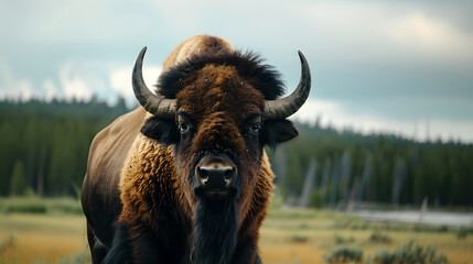American Bison Majesty: Frontal Portrait in Yellowstone National Park