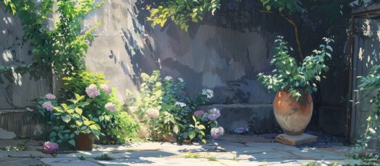A painting depicting a potted plant standing in a courtyard, near an aged cement wall, under the shade of surrounding greenery.