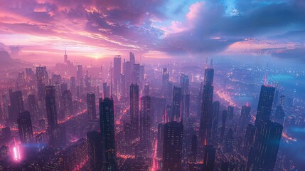 A futuristic cityscape featuring towering skyscrapers reaching towards the sky, illuminated by vibrant lights and showcasing advanced architectural design. cyberpunk city