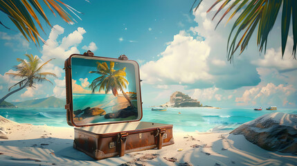 
a suitcase with a picture of a beach
