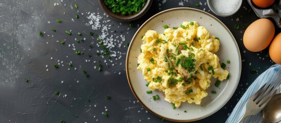 A white plate holds a delicious serving of scrambled eggs, accompanied by additional eggs on a wooden table in a home setting. - obrazy, fototapety, plakaty