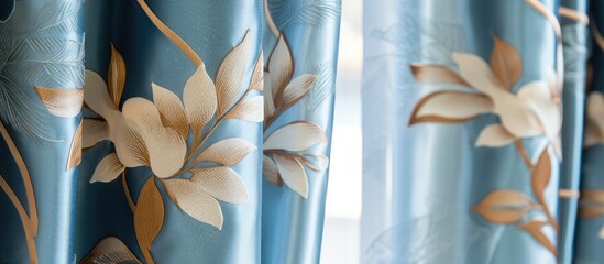 This close-up shot showcases a high-end custom window curtain adorned with intricate flower patterns. The delicate details of the flowers can be seen up close, adding a touch of elegance to the room.