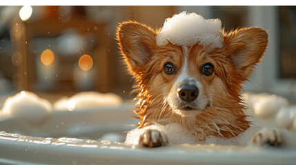 Favorite pet dog bathes in the bath. Caring for a dog at home. Bathing the dog.