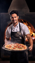 A professional pizza maker holds a pizza in front of a brick oven with open fire.