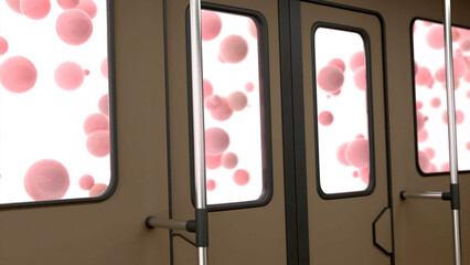Surreal animation of balloons flying behind windows of public transport. Design. View from the bus on windows with many pink air balloons.