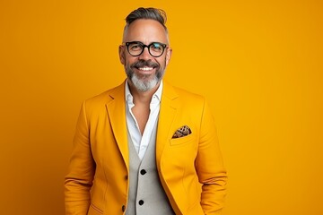 Portrait of a handsome mature man wearing glasses and a yellow jacket over yellow background - obrazy, fototapety, plakaty