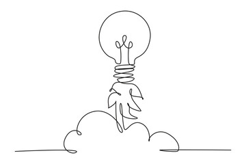 One continuous line drawing of illustration launch an idea. the light bulb went off like a rocket. get a brilliant idea. Genius psychological logotype icon template concept. Modern single line draw gr - obrazy, fototapety, plakaty