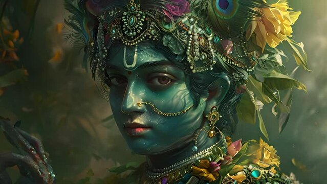 Close up moving portrait of Krishna, the Hindu deity in green paint adorned with jewelry