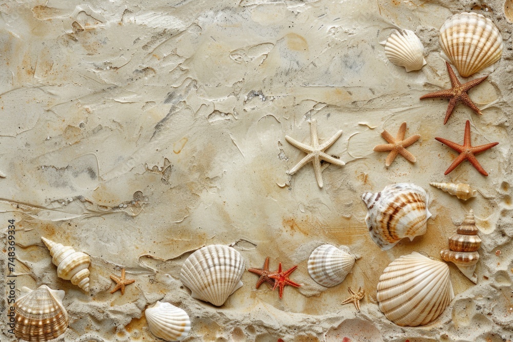 Poster sandy beach texture with seashells and starfish imprint background.