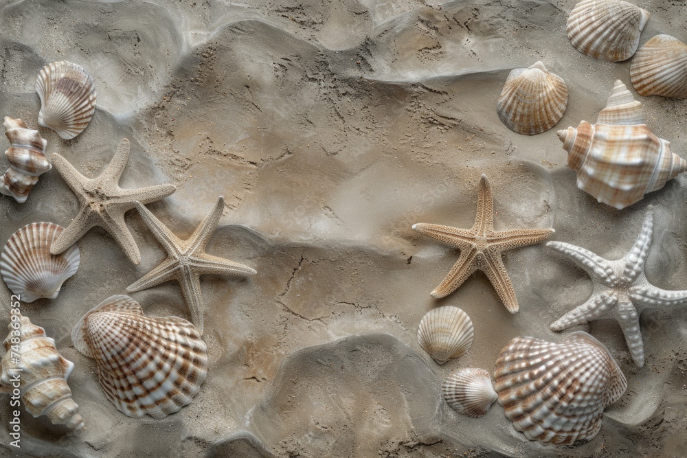 Poster sandy beach texture with seashells and starfish imprint background.