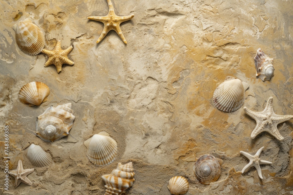 Poster sandy beach texture with seashells and starfish imprint background.