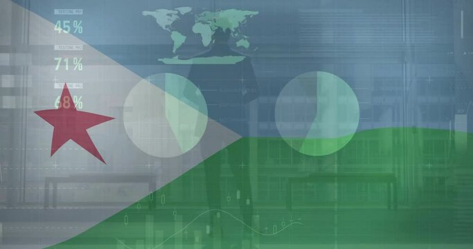 Animation of financial data processing over flag of djibouti