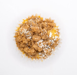 down view of a crumb cupcake on a white background 