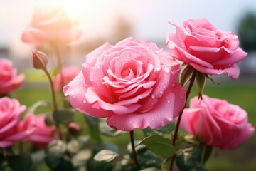 Tropical garden full of beautiful pink roses.