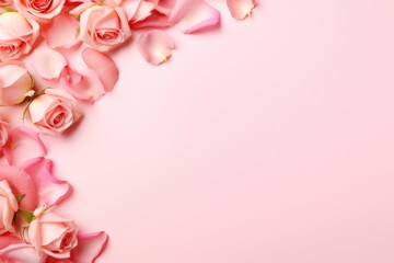 Fototapeta premium Beautiful roses and petals on pink background top view. Space for text