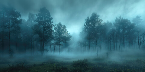 Foggy forest landscape - obrazy, fototapety, plakaty