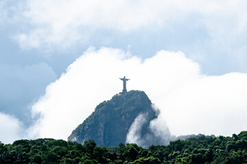 Misty Mountains and Fog of Rio De Janeiro Brazil With Christ the Redeemer Historic Landmark Rising Up