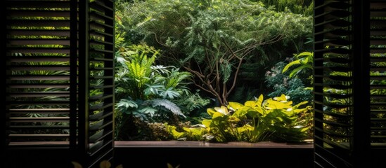 An open window with semi-open dark wooden shutters offers a view of a vibrant, dense green forest below. The lush trees and foliage create a serene backdrop visible from indoors.