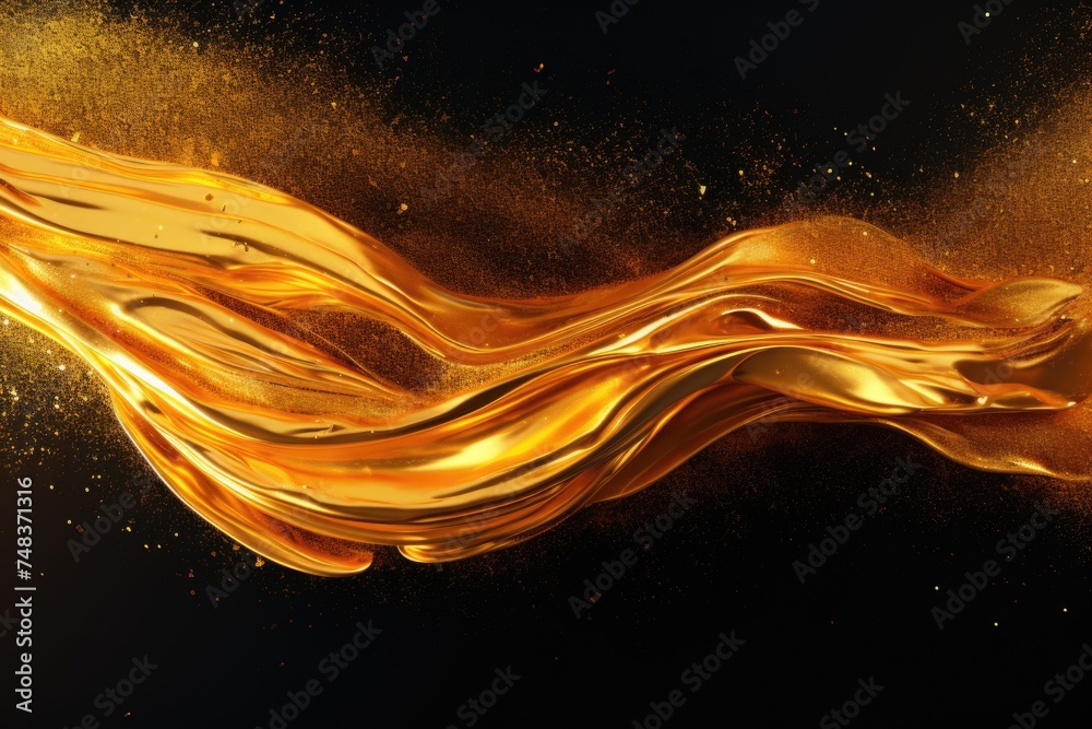 Poster golden glitter paint flow with molten texture and floating ink.