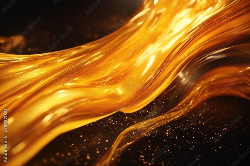 Poster golden glitter paint flow with molten texture and floating ink.