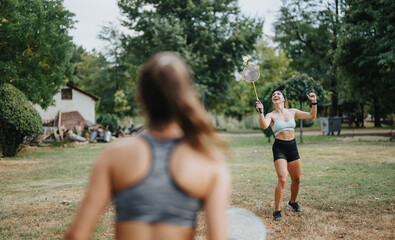 Friends playing badminton in a park, enjoying a sunny day. Fit, sporty young women having fun outdoors, showcasing a healthy lifestyle.