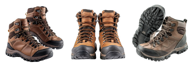 Collection of pair of hiking boots in brown tones over isolated white transparent background