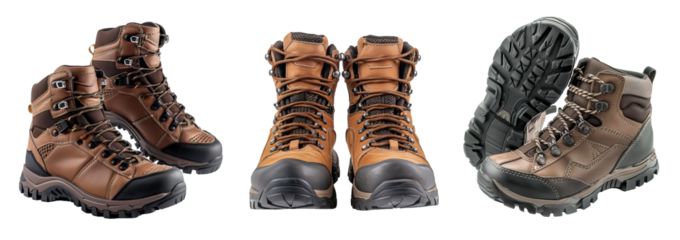 Collection of pair of hiking boots in brown tones over isolated white transparent background