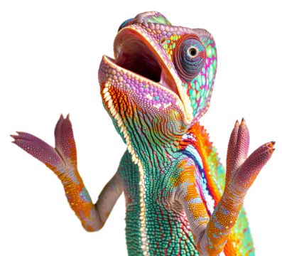 Beautiful Expressive Chameleon Singing of Talking Isolated. Transparent PNG.