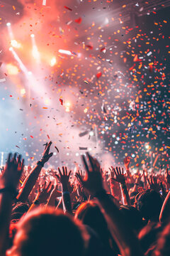 People celebrating at a mega concert with lots of lights and confetti in a crowded stadium. Vertical image