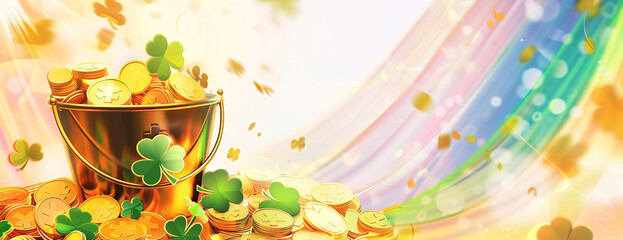 A golden bucket full of gold coins with on a rainbow background and clovers. St Patrick's Day conceptual banner with copy space