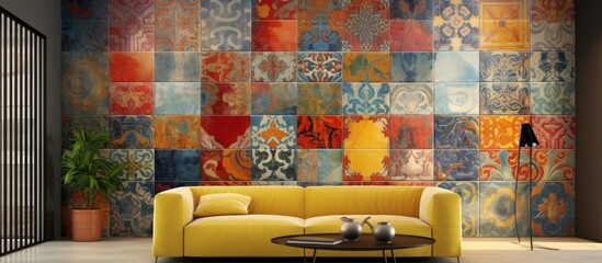 A bright yellow couch is positioned in front of a vibrant and colorful wall, showcasing a mix of digital tiles design.