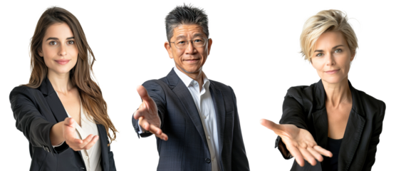 Caucasian businesswomen and Asian mature businessman reaching out their hands at camera inviting to join company. Isolated transparent background