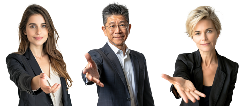 Caucasian businesswomen and Asian mature businessman reaching out their hands at camera inviting to join company. Isolated transparent background