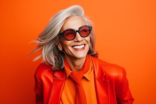 Portrait of a happy smiling woman in red jacket and sunglasses over orange background